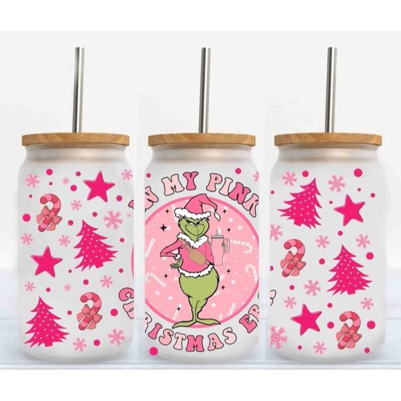 In My Pink Christmas Era Grinch  16oz Glass Libbey Can Tumbler Clear or Frosted - Picture 1 of 3